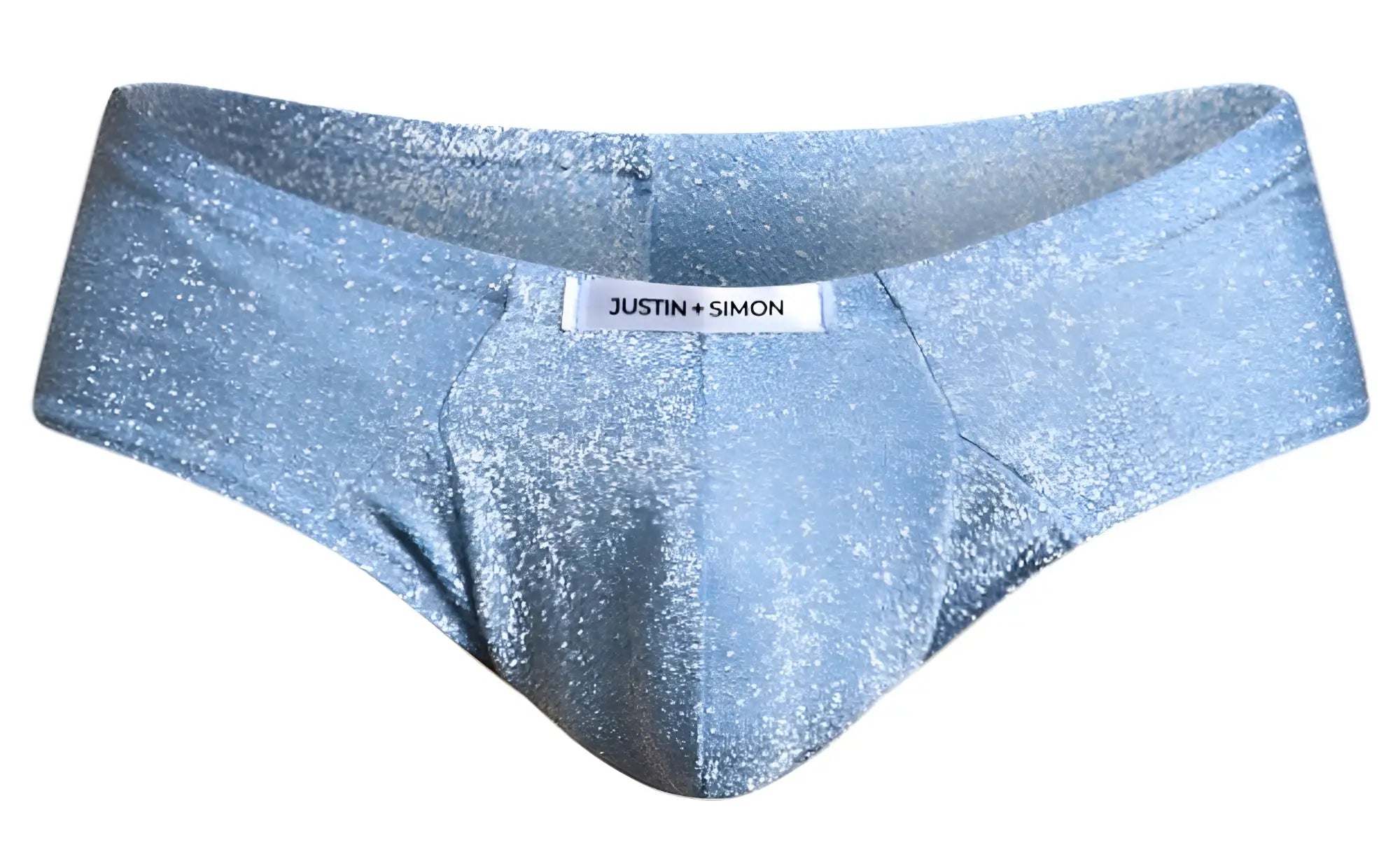 Light blue glittery lurex fabric briefs with justin simon brand label from JUSTIN+SIMON XSJ22 Cheek Briefs collection