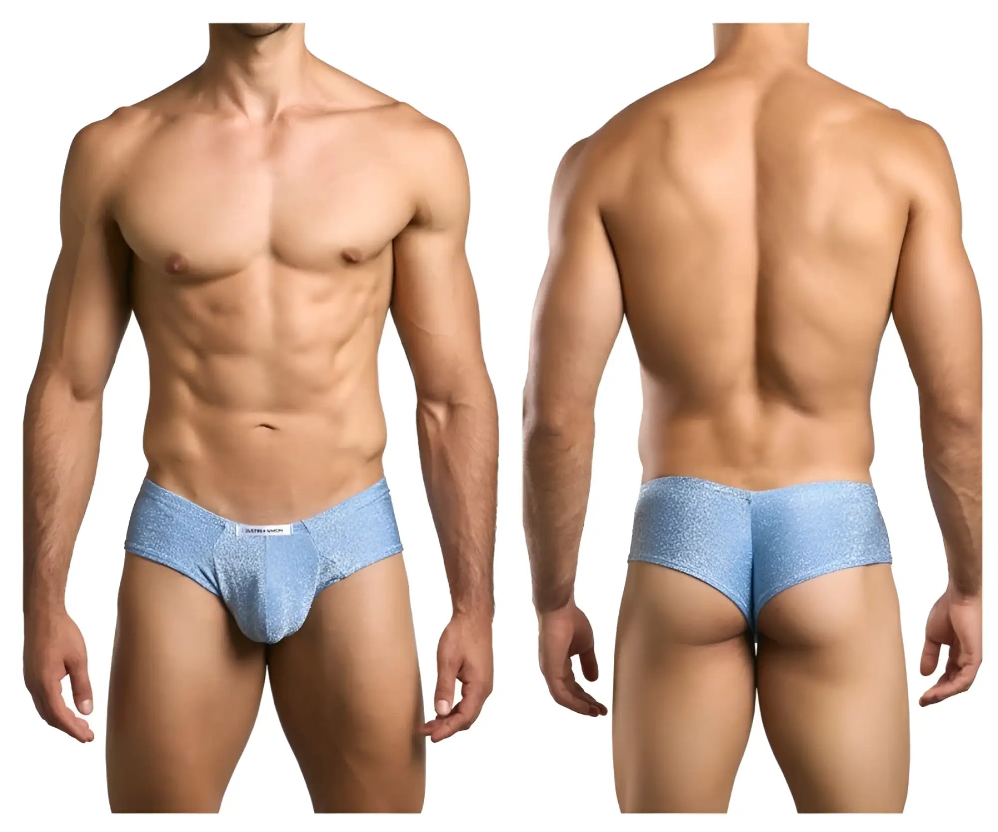 Light blue lurex men’s cheek briefs by Justin Simon with a textured fabric and subtle shimmer finish