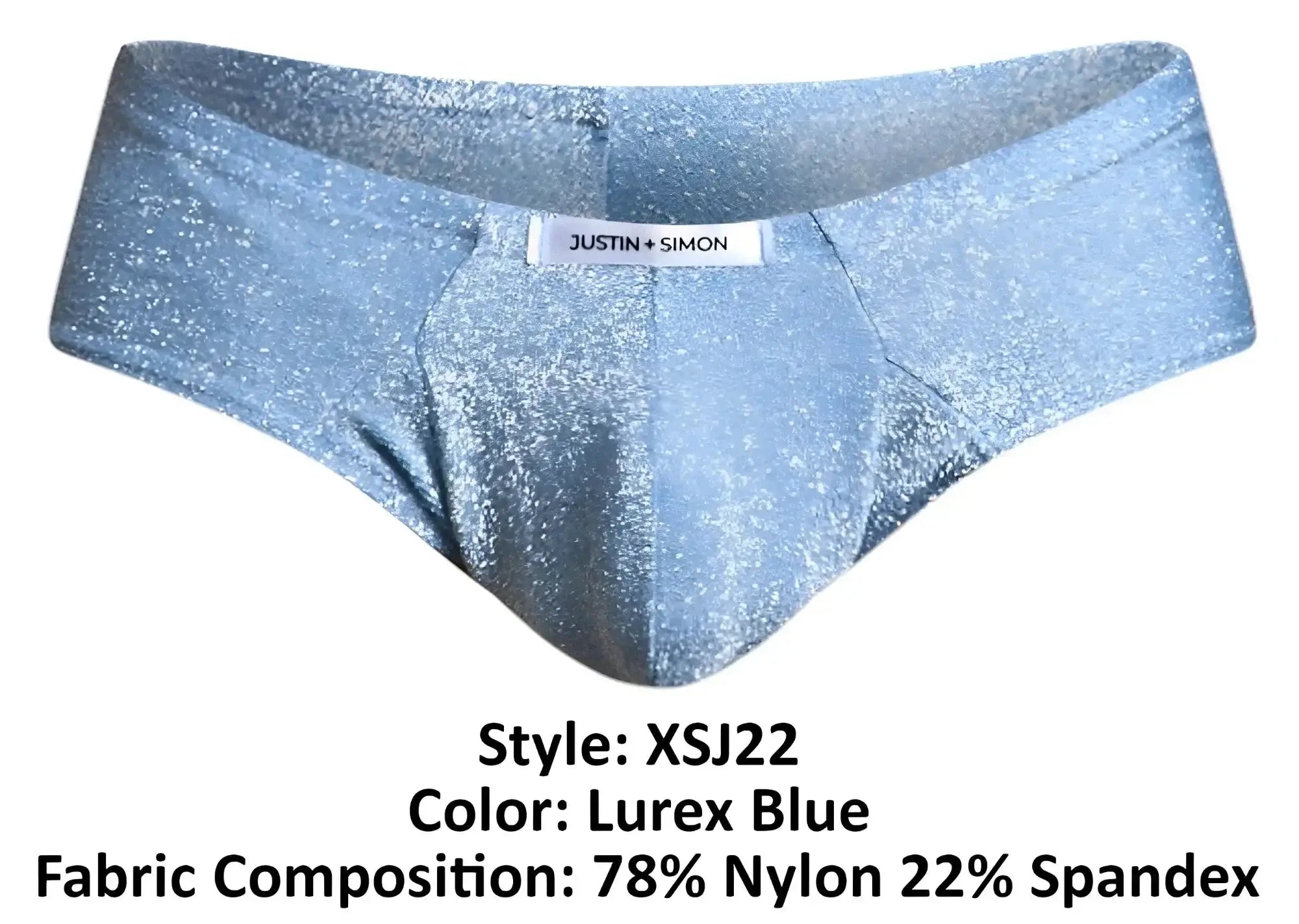 Justin simon xsj22 cheek briefs in lurex blue with shimmering glittery texture and stretch fabric front view