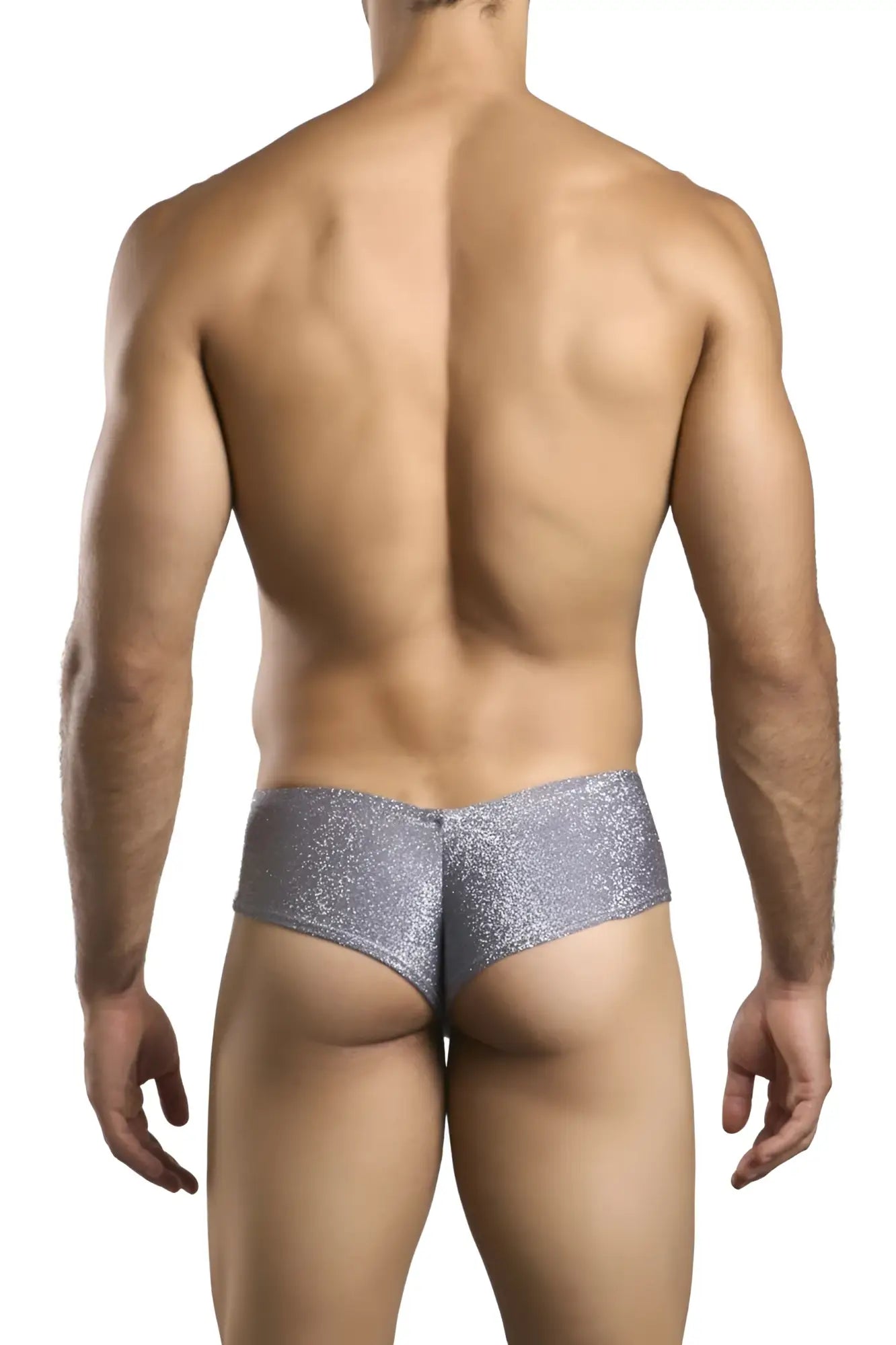 Shiny silver glitter cheek briefs by JUSTIN SIMON in lurex gray with a sleek and shimmering finish
