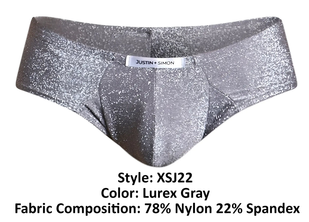 Shiny silver glittery lurex gray cheek briefs by Justin Simon style xsj22 with a comfortable fit