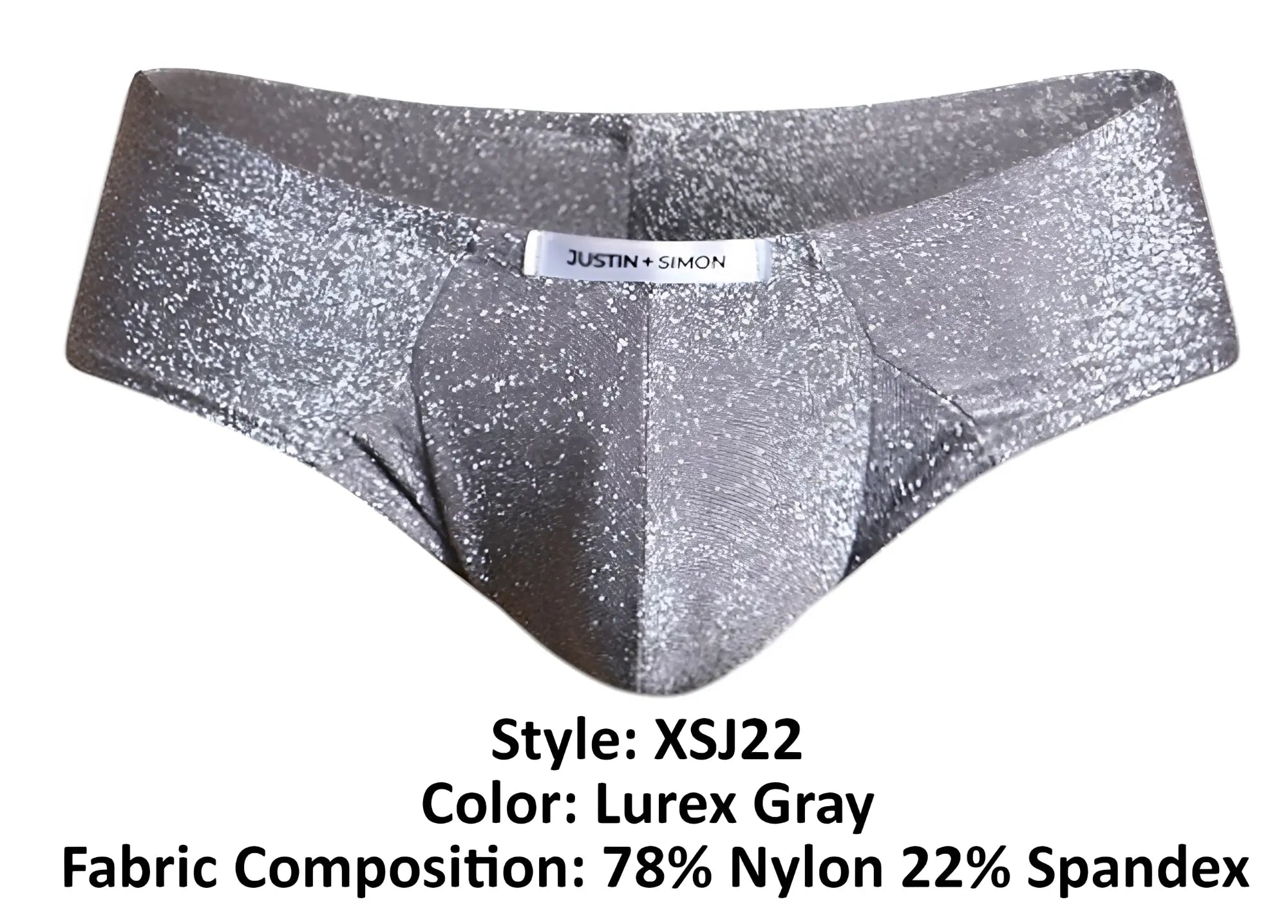 Shiny silver glittery lurex gray cheek briefs by Justin Simon style xsj22 with a comfortable fit