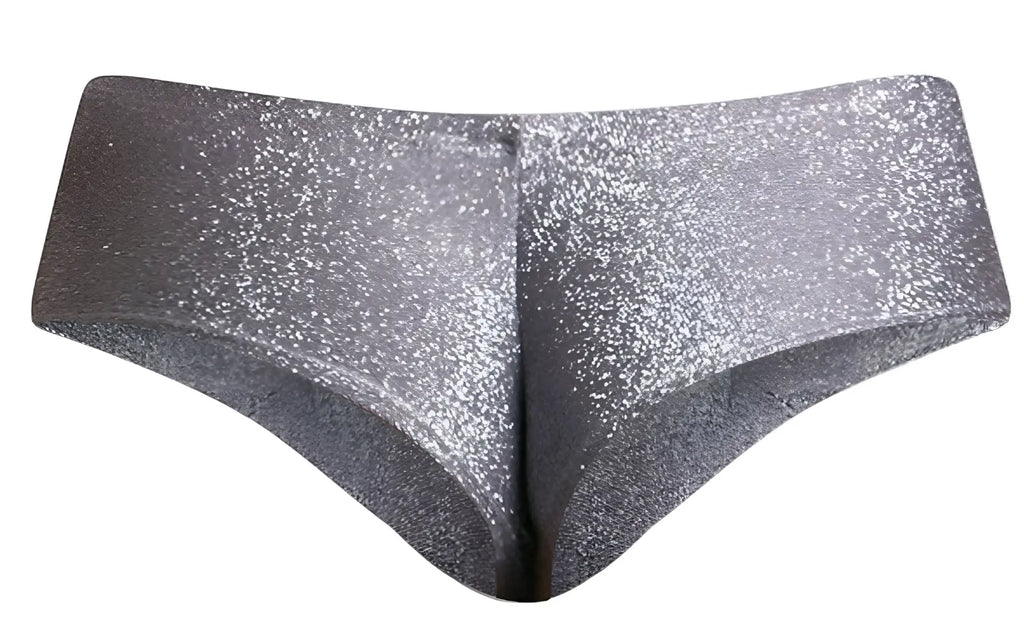 Justin Simon XSJ22 cheek briefs in shiny silver lurex gray with glittery, sleek, form-fitting design for stylish wear
