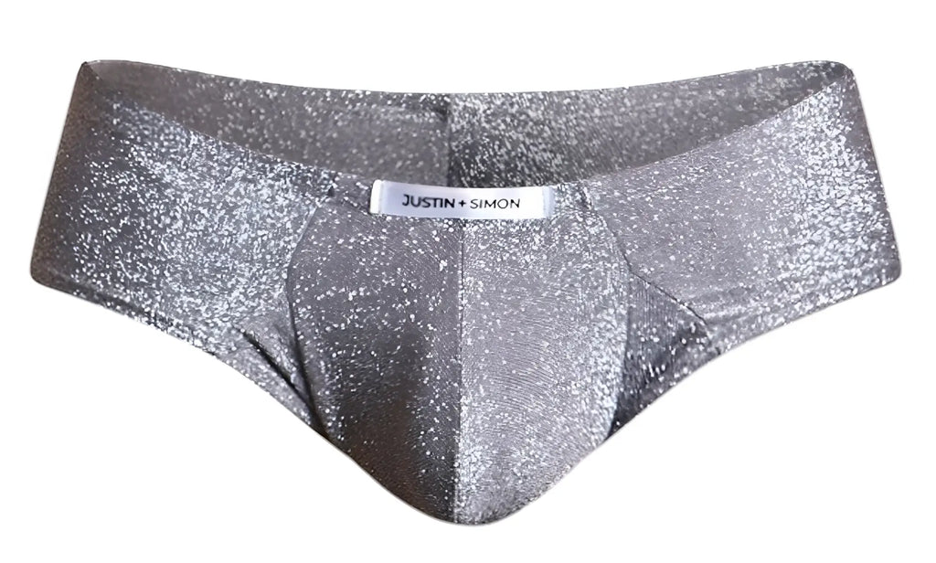 Silver glittery briefs in lurex gray with justin simon brand label from the JUSTIN+SIMON XSJ22 cheek briefs line