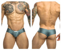 Teal metallic briefs with a white logo front in justin simon xsj22 cheek briefs metal green color