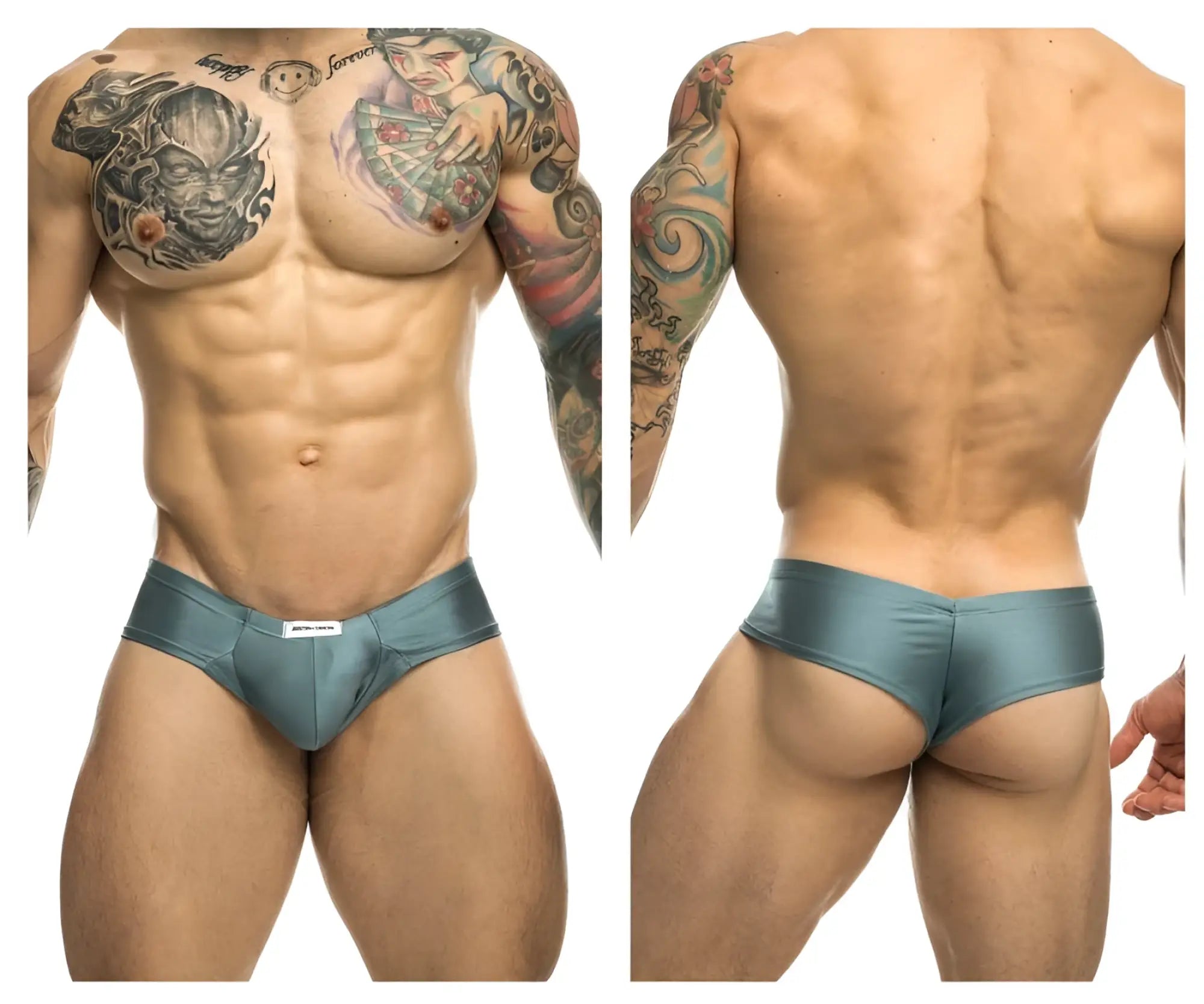 Teal metallic briefs with a white logo front in justin simon xsj22 cheek briefs metal green color