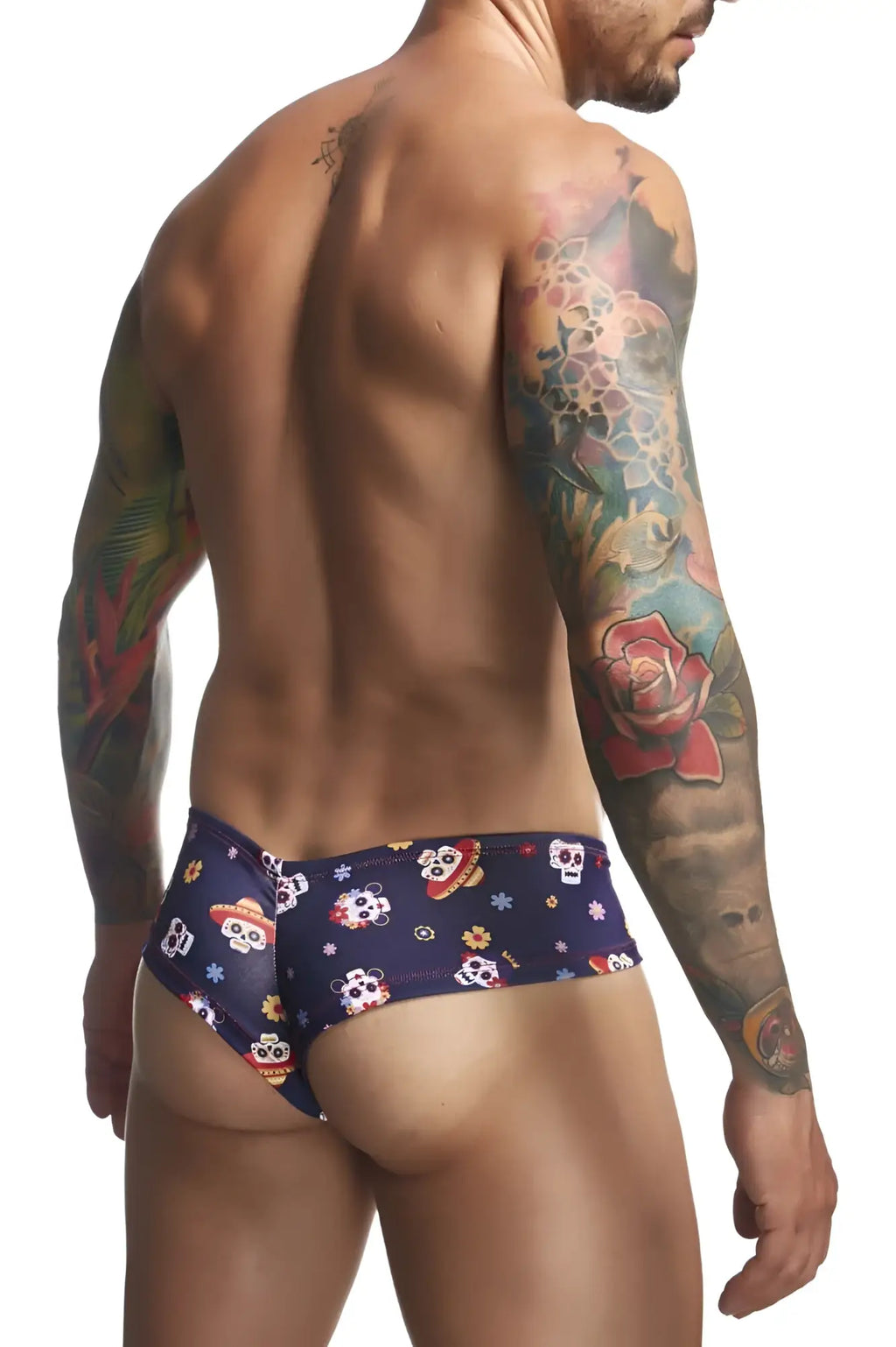 Dark blue justin simon xsj22 cheek briefs with playful sugar skull and sombrero pattern in mexico color