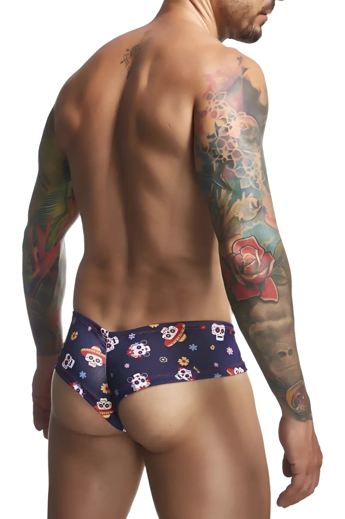 Dark blue justin simon xsj22 cheek briefs with playful sugar skull and sombrero pattern in mexico color