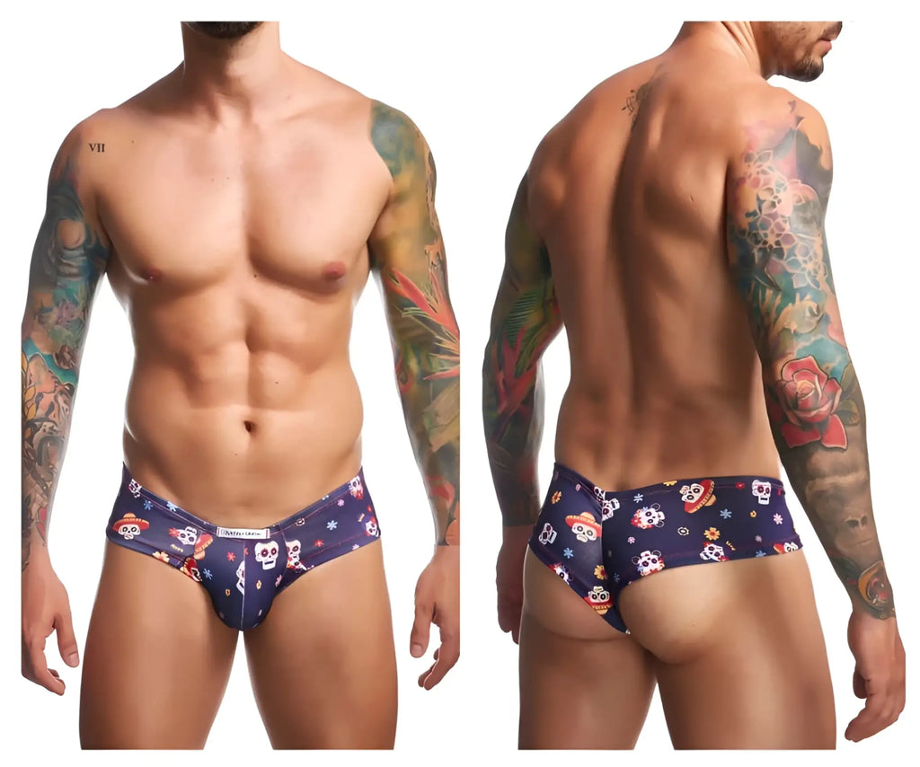 Dark blue men’s cheek briefs by justin simon with vibrant colorful sugar skull pattern in mexico design