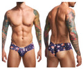 Dark blue men’s cheek briefs by justin simon with vibrant colorful sugar skull pattern in mexico design