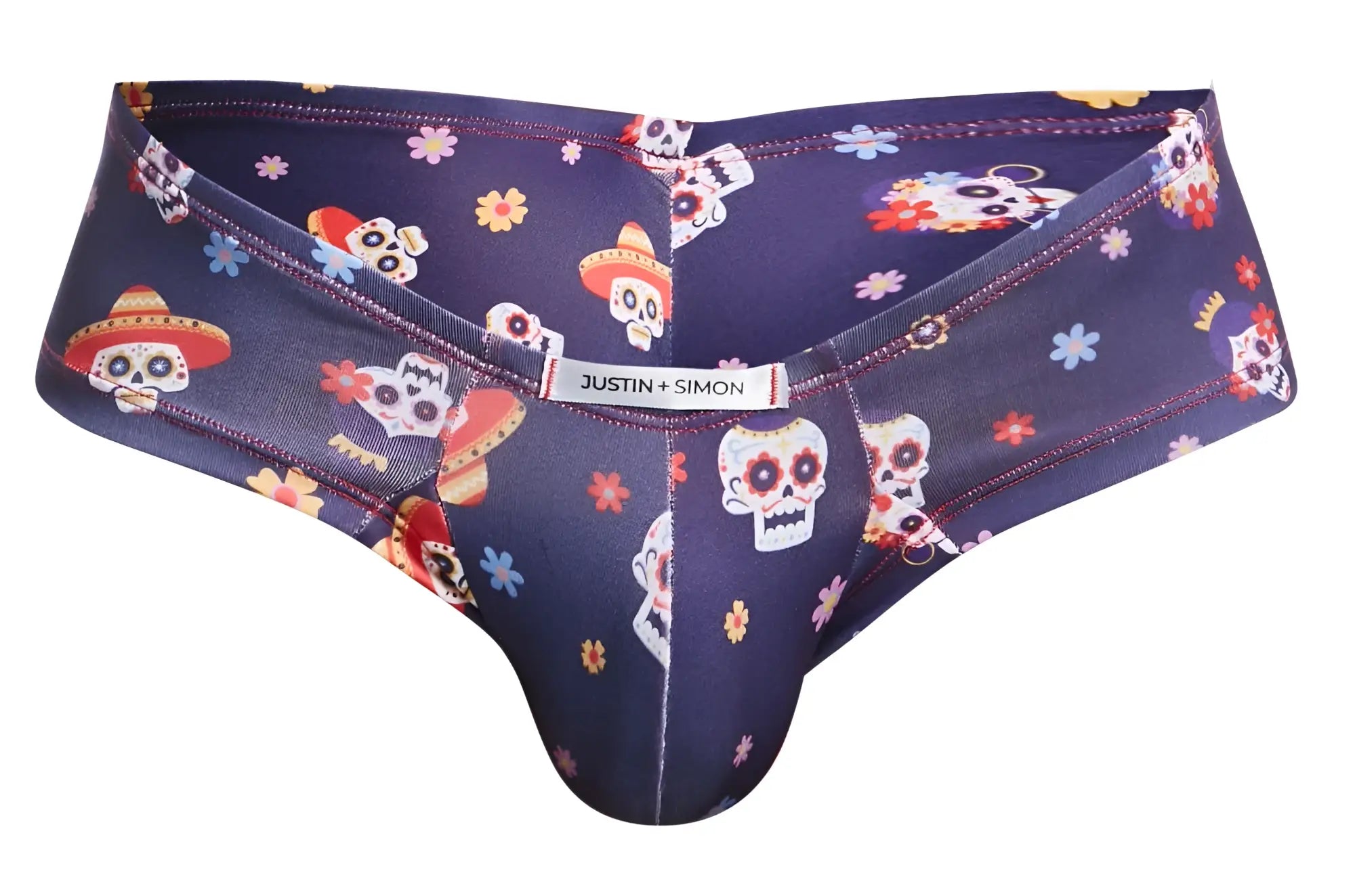 Dark blue justin simon xsj22 cheek briefs with vibrant sugar skull sombrero and colorful flower pattern color mexico