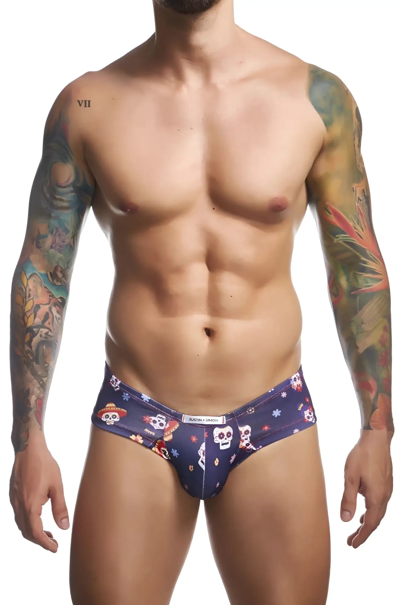 Dark blue men’s briefs with vibrant sugar skull and floral pattern from justin simon xsj22 cheek briefs mexico collection