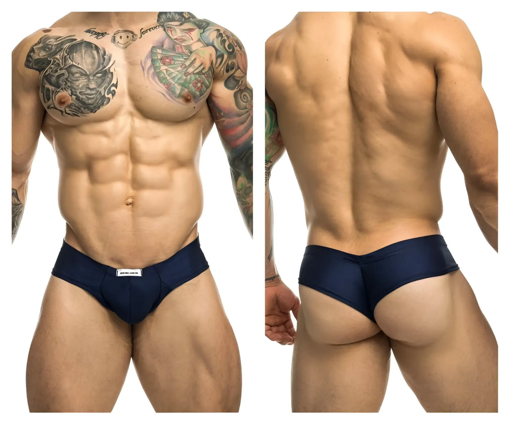 Navy blue justin simon xsj22 cheek briefs with subtle white brand tag at waistband for athletic wear