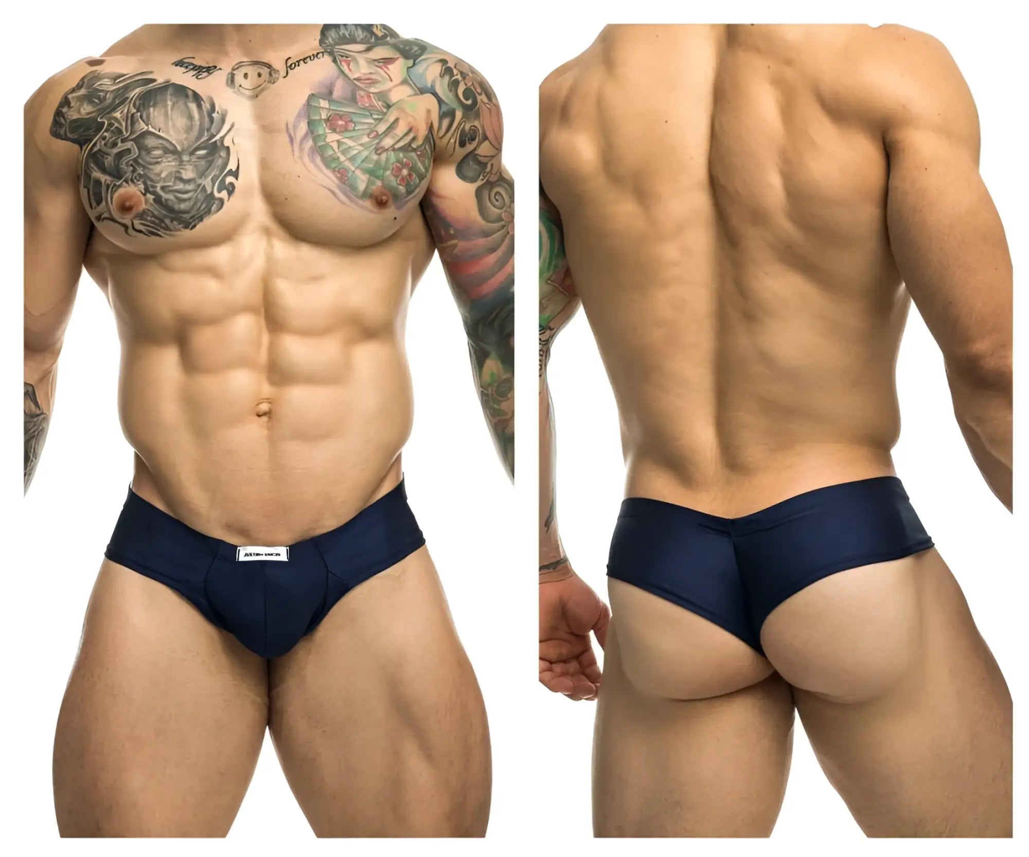 Navy blue justin simon xsj22 cheek briefs with subtle white brand tag at waistband for athletic wear