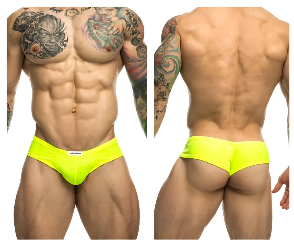 Justin simon xsj22 cheek briefs in bright neon yellow with snug fit and white brand tag at waistband