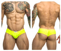 Justin simon xsj22 cheek briefs in bright neon yellow with snug fit and white brand tag at waistband