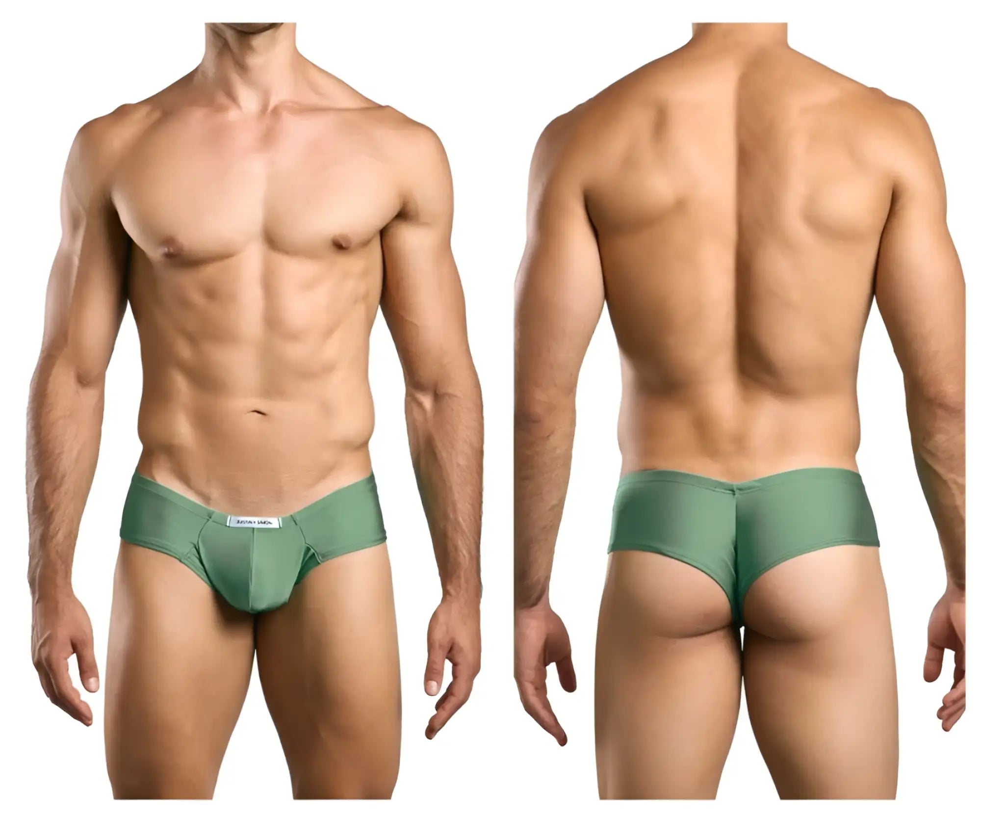 Justin plus simon xsj22 cheek briefs in new green with smooth stretchy fabric and a white label at the waistband