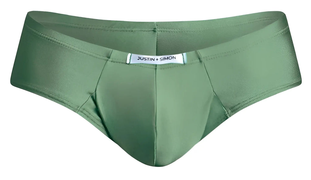Olive green justin simon men’s briefs with smooth form-fitting fabric and subtle waistband label in new green color