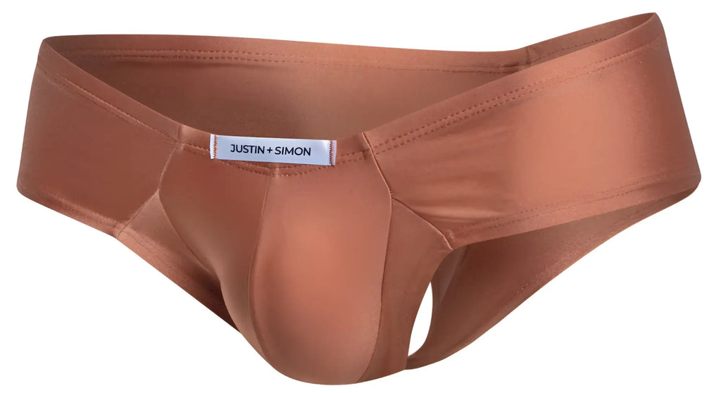 Bronze satin cheek briefs by justin simon in ochre color featuring a smooth satin finish for stylish comfort