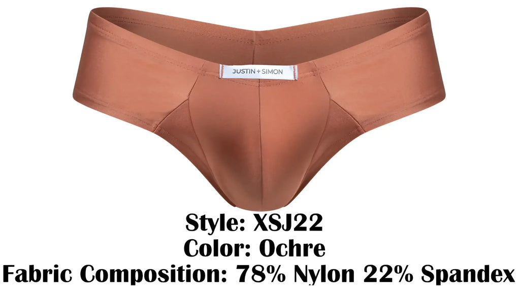Justin + Simon ochre cheek briefs in nylon and spandex offer a form-fitting, comfortable fit for everyday wear