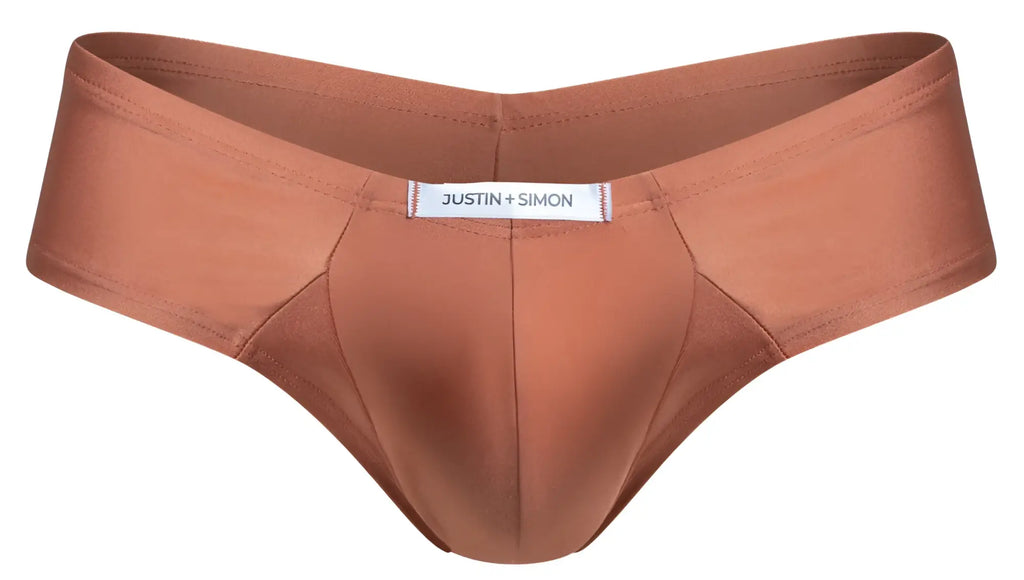 A sleek rust-colored satin cheek brief from justin simon with a smooth form-fitting design in ochre color