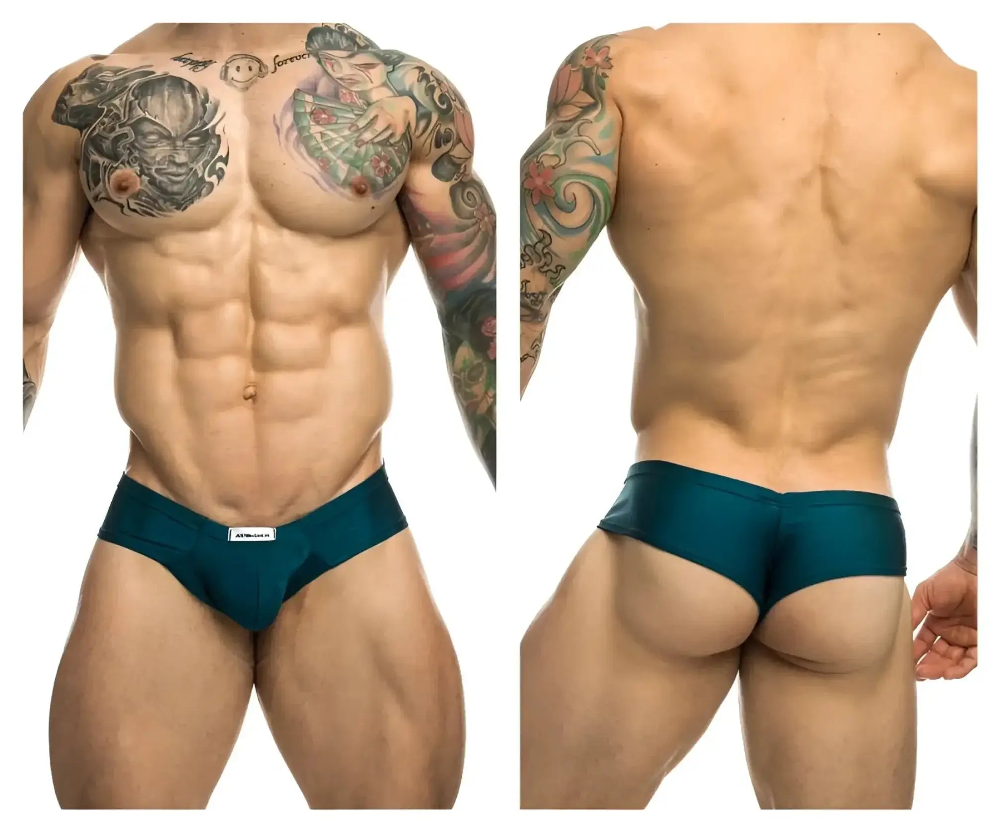 Teal athletic cheek briefs with a small white brand tag on the waistband by JUSTIN SIMON in opal green color