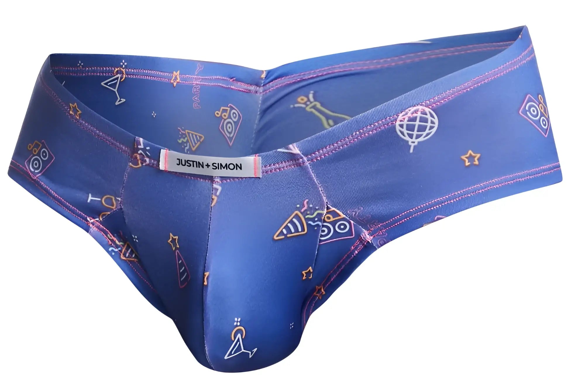 Blue justin simon mens briefs with neon party-themed icons including martini glasses speakers and globes