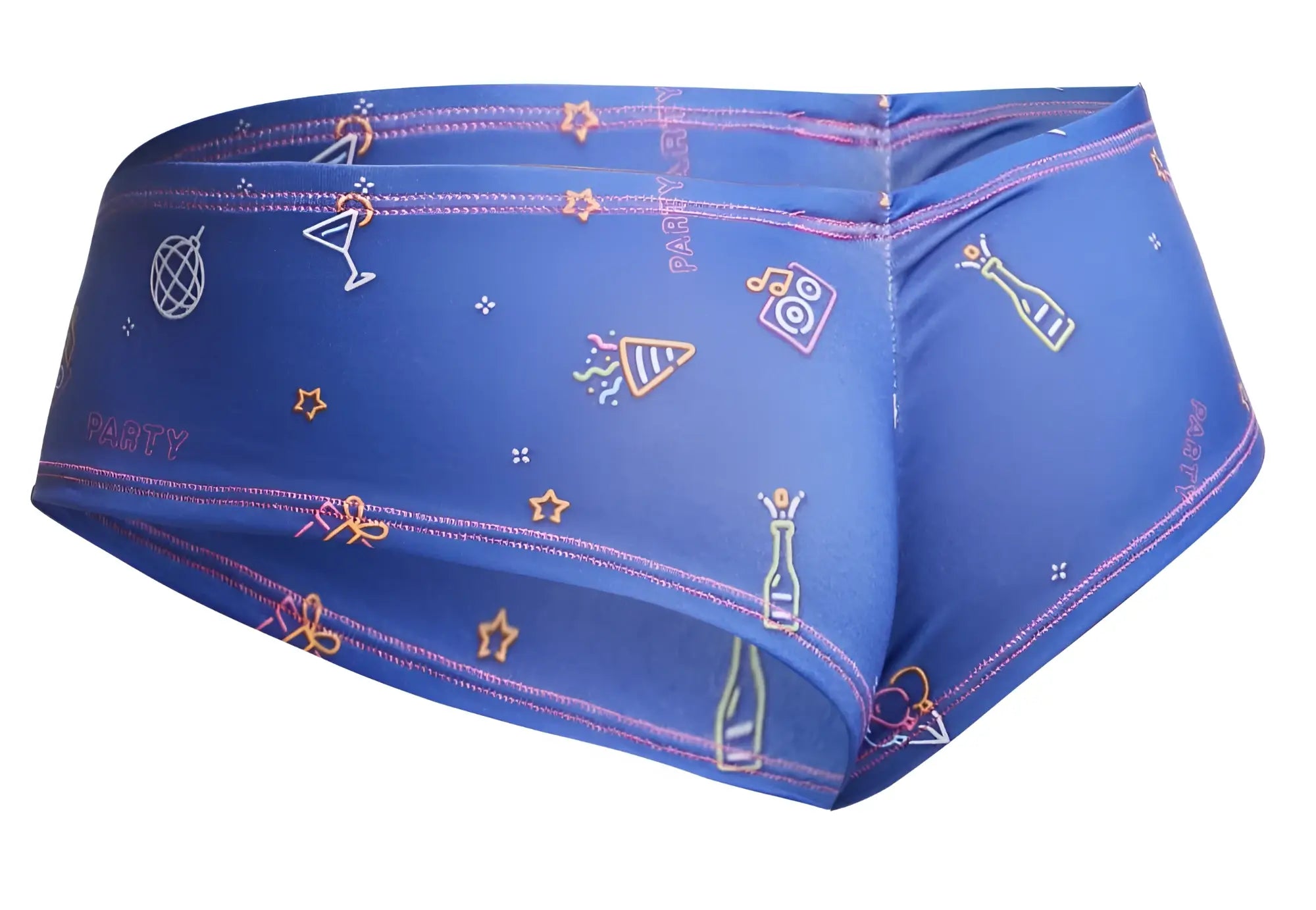 Blue men’s swim trunks with vibrant neon party-themed print featuring champagne bottles martini glasses and stars