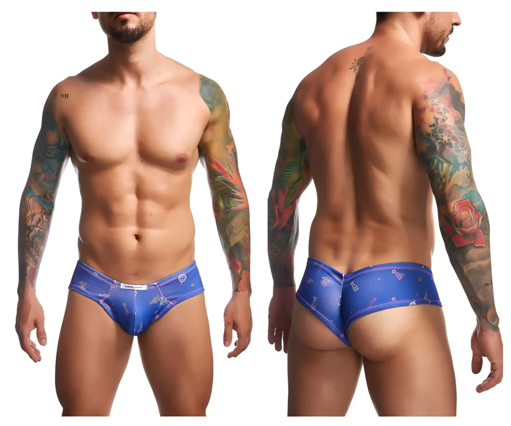 Blue patterned Justin+Simon XSJ22 cheek briefs with subtle sheen and diamond motifs in party color