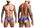 Blue patterned Justin+Simon XSJ22 cheek briefs with subtle sheen and diamond motifs in party color