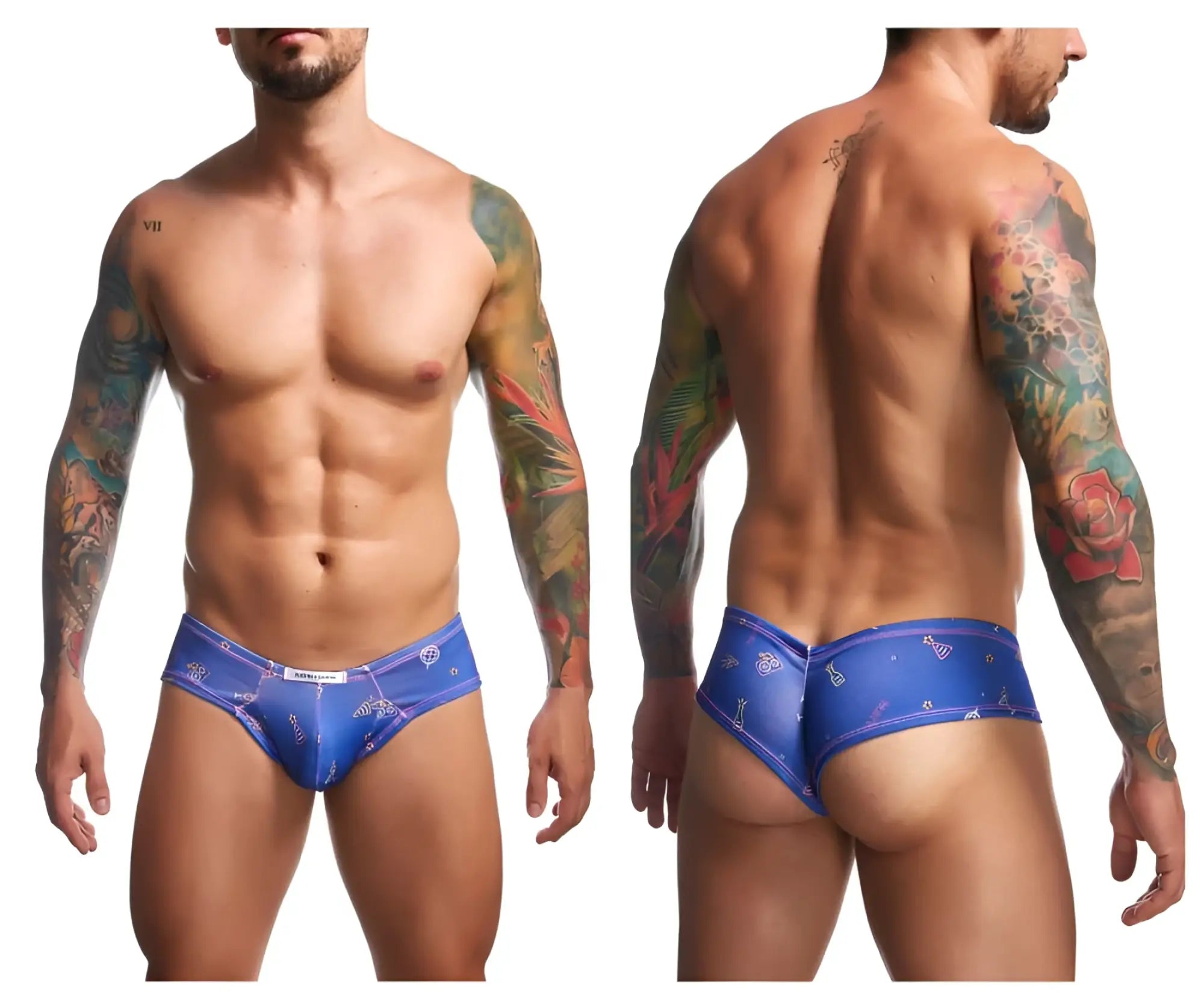 Blue patterned Justin+Simon XSJ22 cheek briefs with subtle sheen and diamond motifs in party color