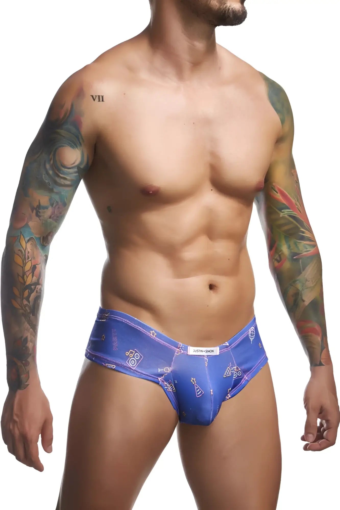 Justin+Simon XSJ22 cheek briefs in blue patterned fabric with subtle sheen and embroidered logo detailing