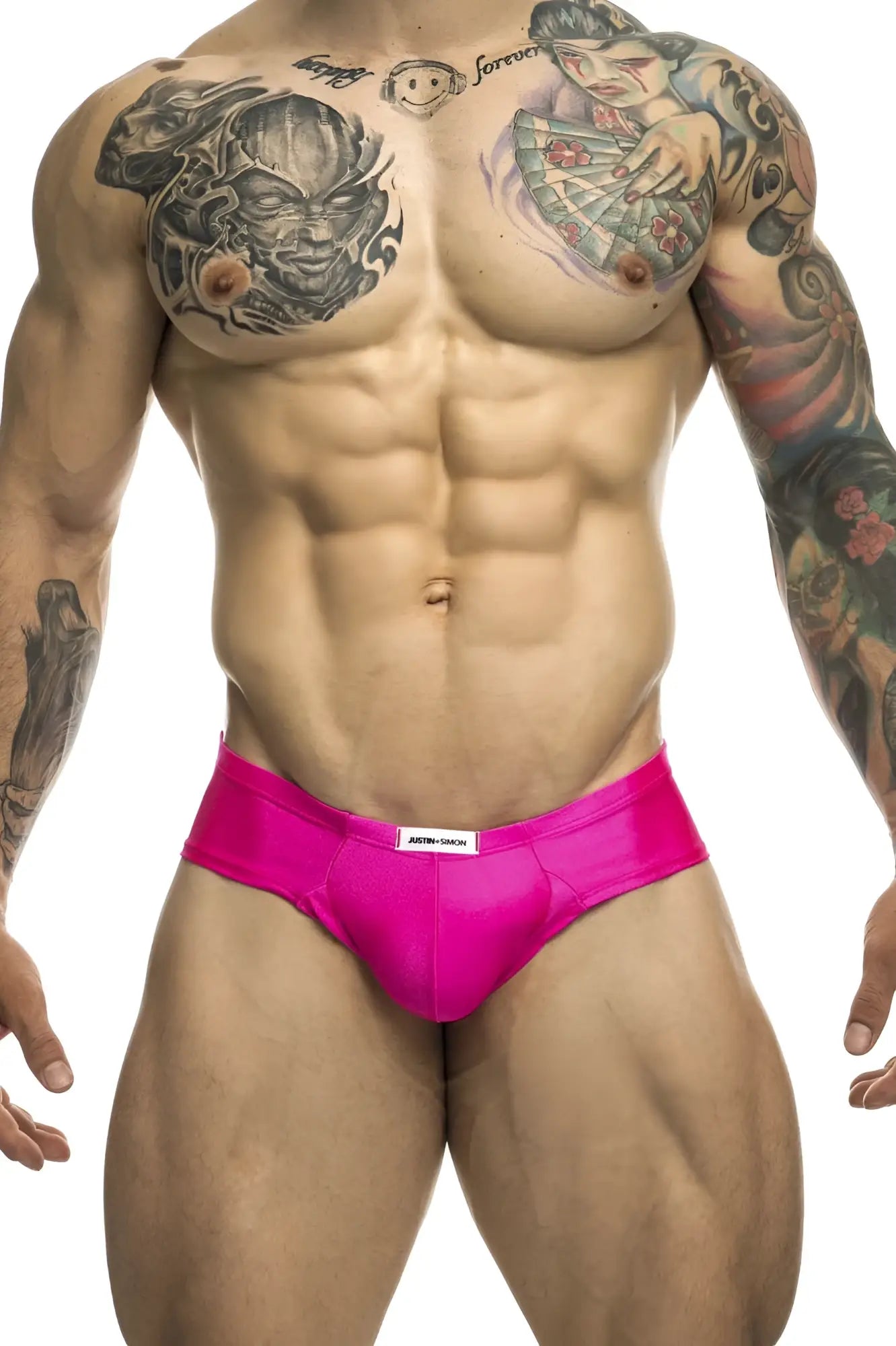 Justin+Simon xsj22 cheek briefs in bright pink sleek fabric with a white branded waistband label