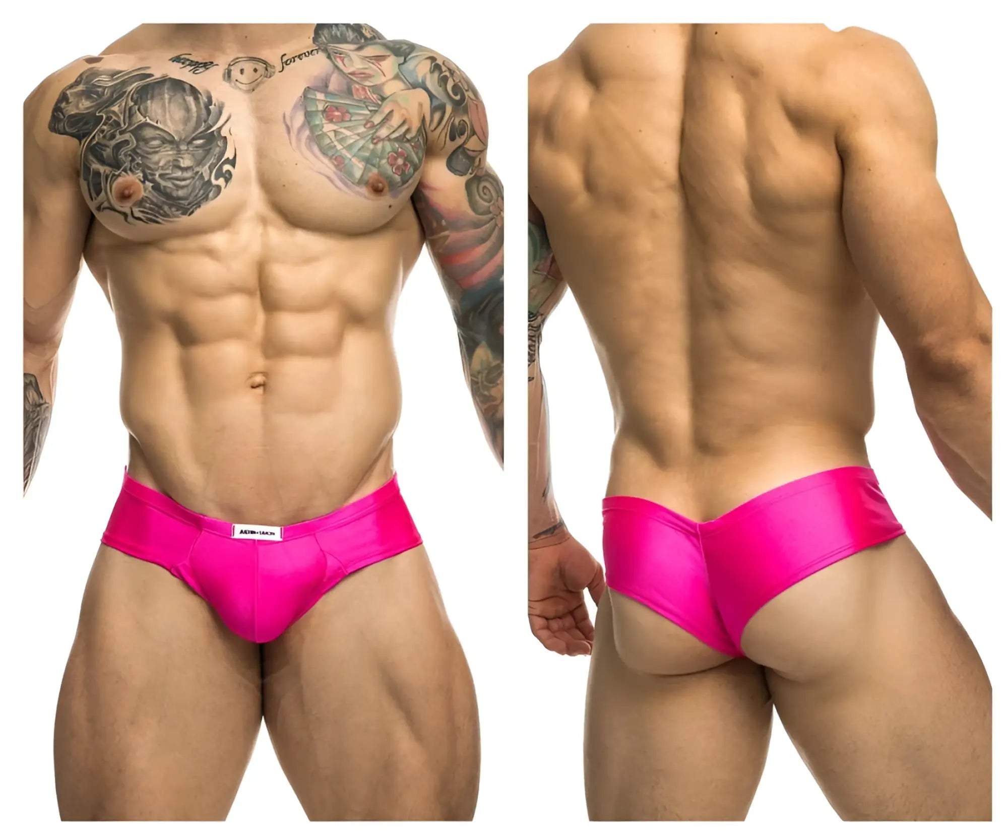 Vibrant pink satin briefs justin+simon xsj22 cheek briefs with sleek form-fitting design and white brand tag at waistband