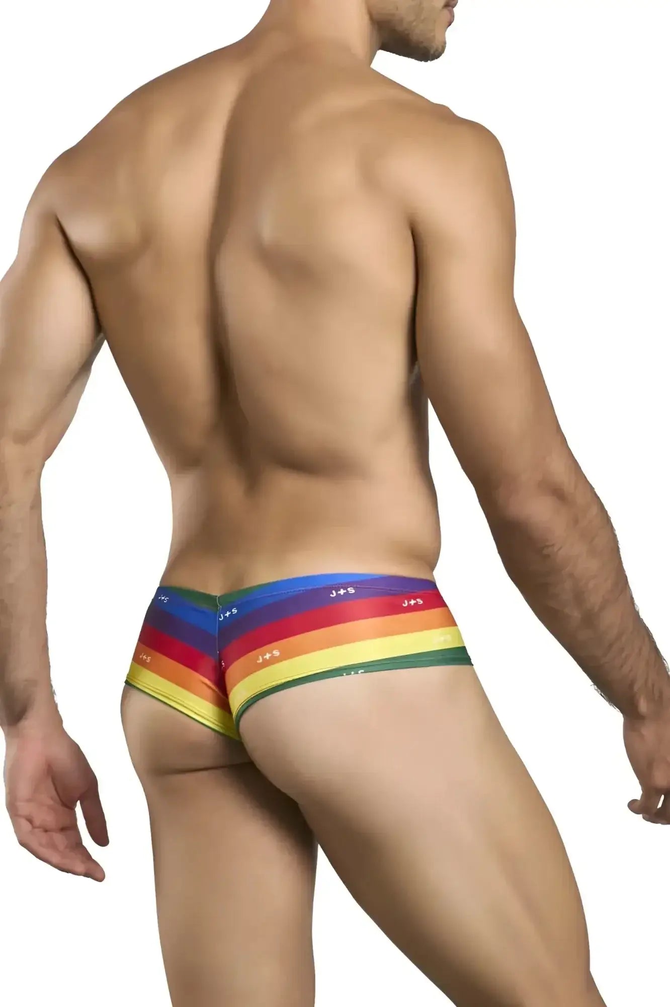 Justin simon xsj22 cheek briefs glossy form-fitting rainbow-striped jeez brand briefs with pride flag colors