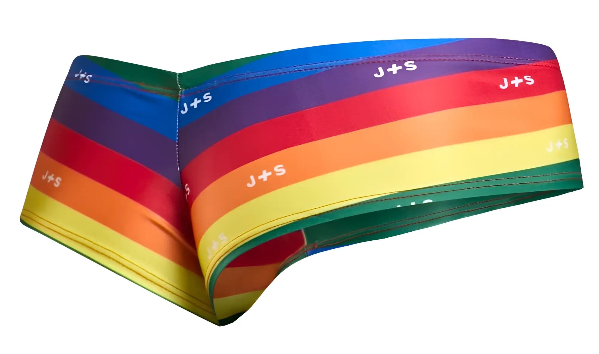 Justin+Simon XSJ22 cheek briefs in pride flag rainbow stripes with a snug fit and bold horizontal bands