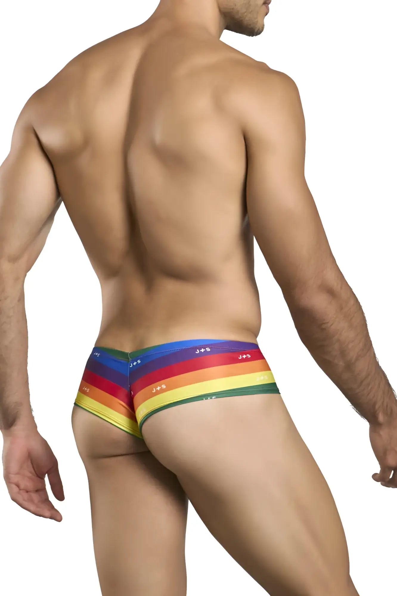Justin simon xsj22 cheek briefs glossy form-fitting rainbow-striped jeez brand briefs with pride flag colors