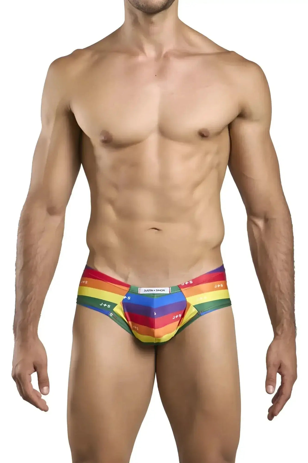 Rainbow-striped men’s briefs with justin smile label on waistband from JUSTIN+SIMON XSJ22 cheek briefs.