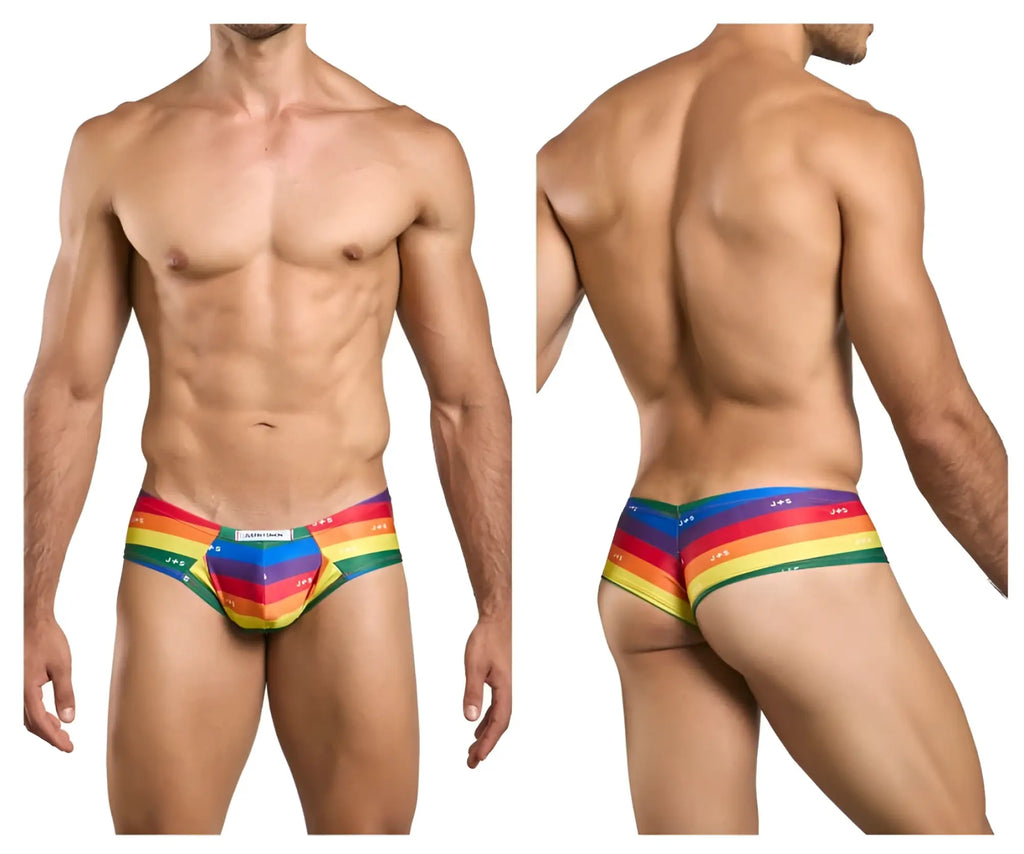 Justin Simon XSJ22 cheek briefs with rainbow-striped bold design and brand name on the waistband