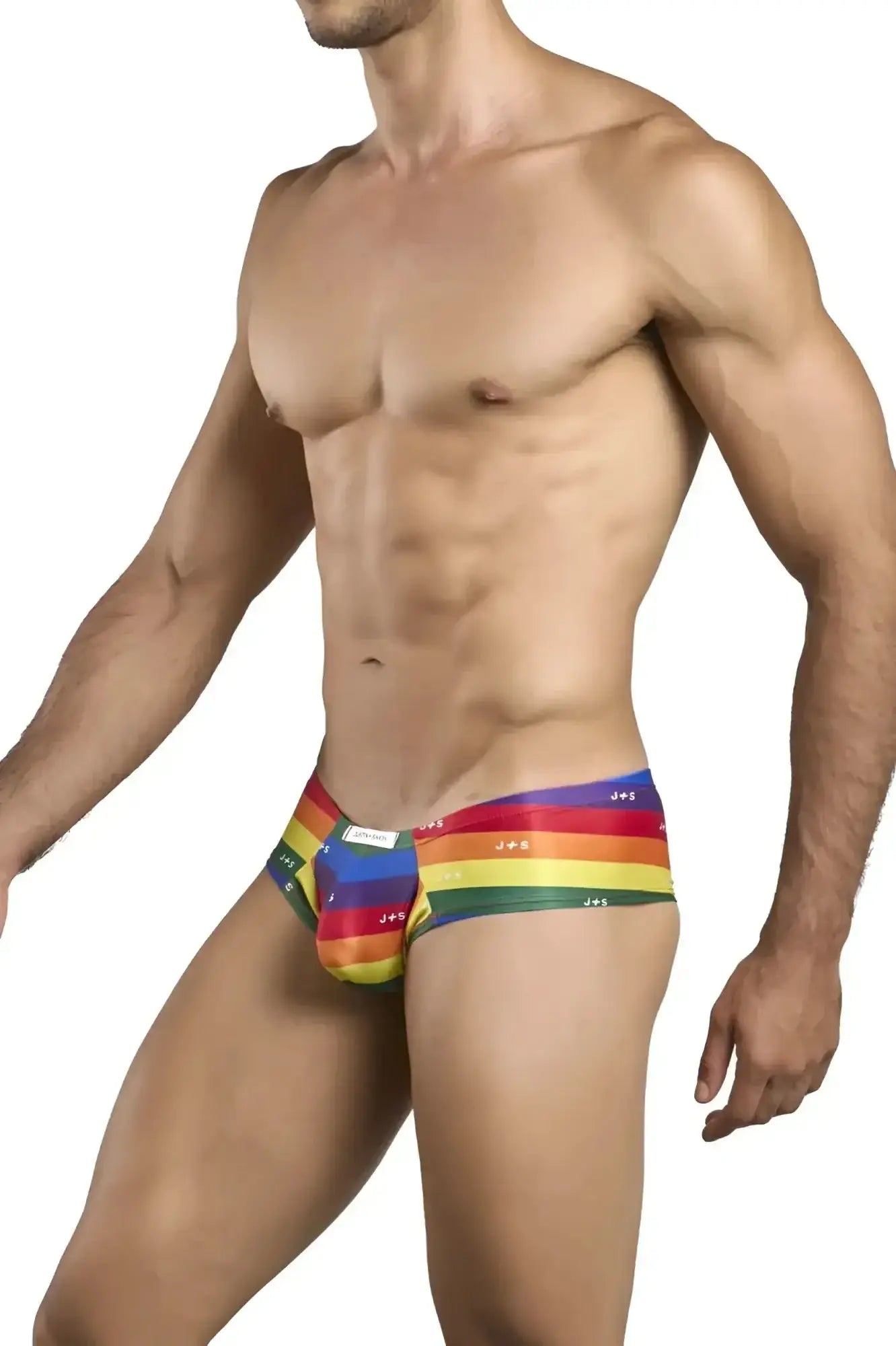 Justin+Simon xsj22 cheek briefs rainbow-striped snug fit men’s briefs with elastic waistband in pride flag colors