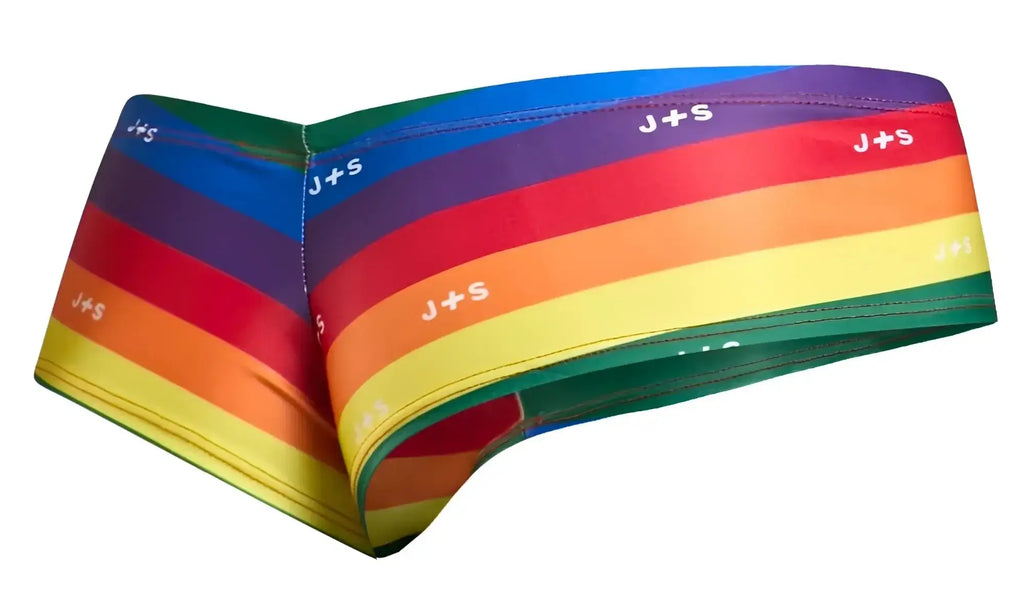 Justin+Simon XSJ22 cheek briefs in pride flag rainbow stripes with a snug fit and bold horizontal bands