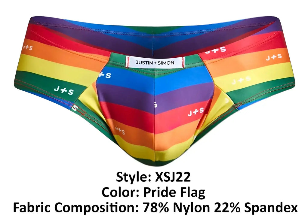Justin simon xsj22 cheek briefs with rainbow pride flag pattern and j plus s logo in vibrant colors