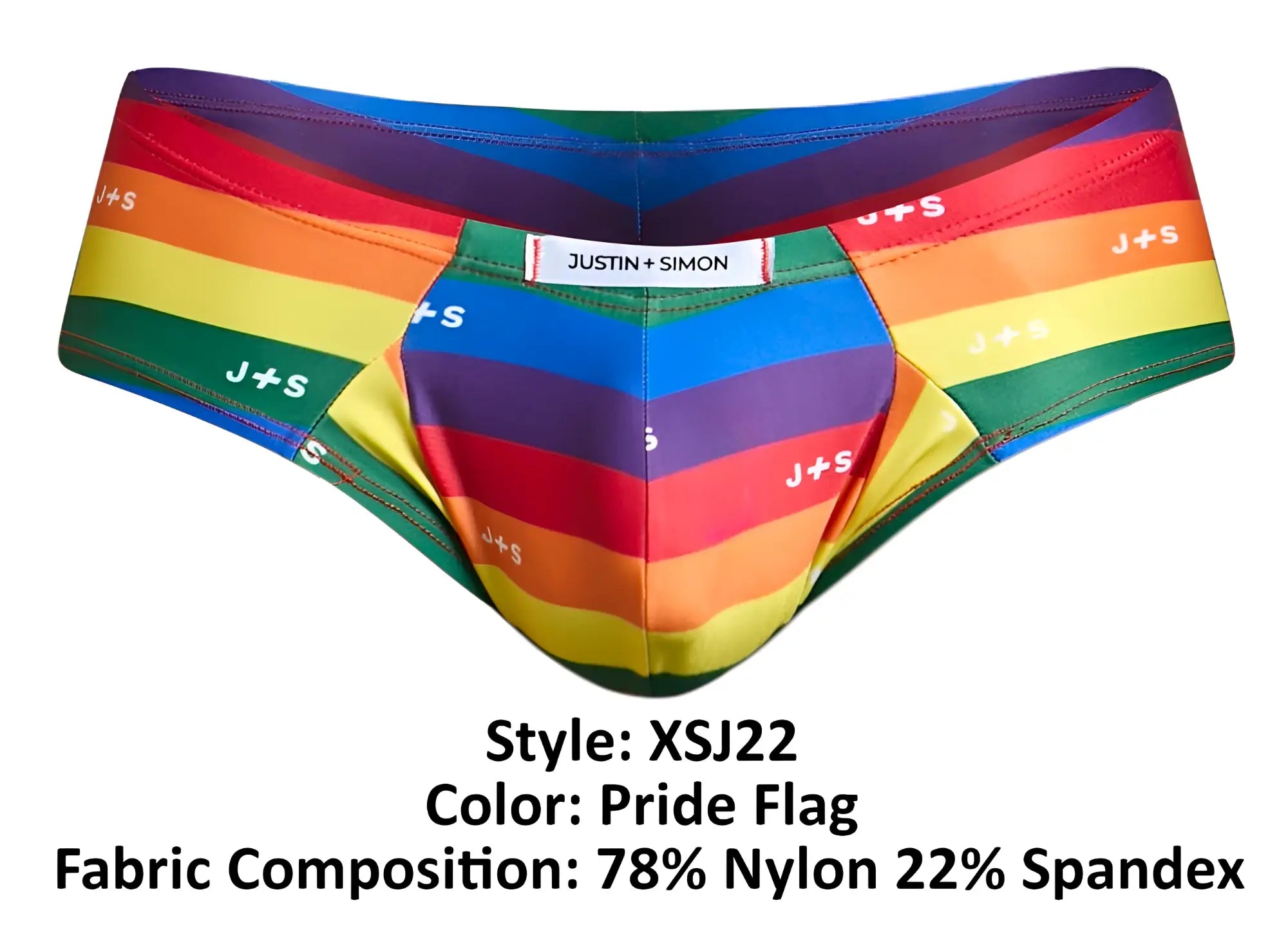 Justin simon xsj22 cheek briefs with rainbow pride flag pattern and j plus s logo in vibrant colors