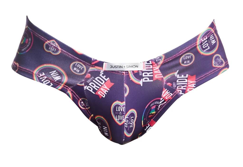 Purple justin simon pride day bikini bottom with rainbow love win graphics in xsj22 cheek briefs color pride design back view