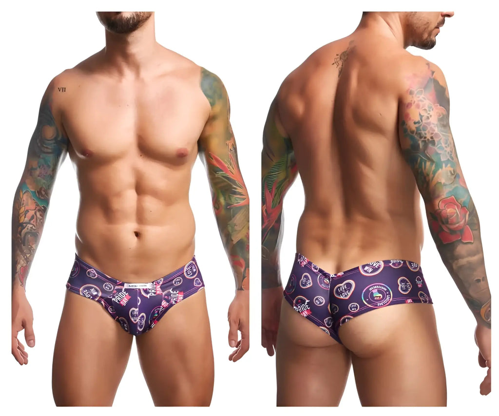 Purple patterned justin simon xsj22 cheek briefs featuring circular designs with text and graphics