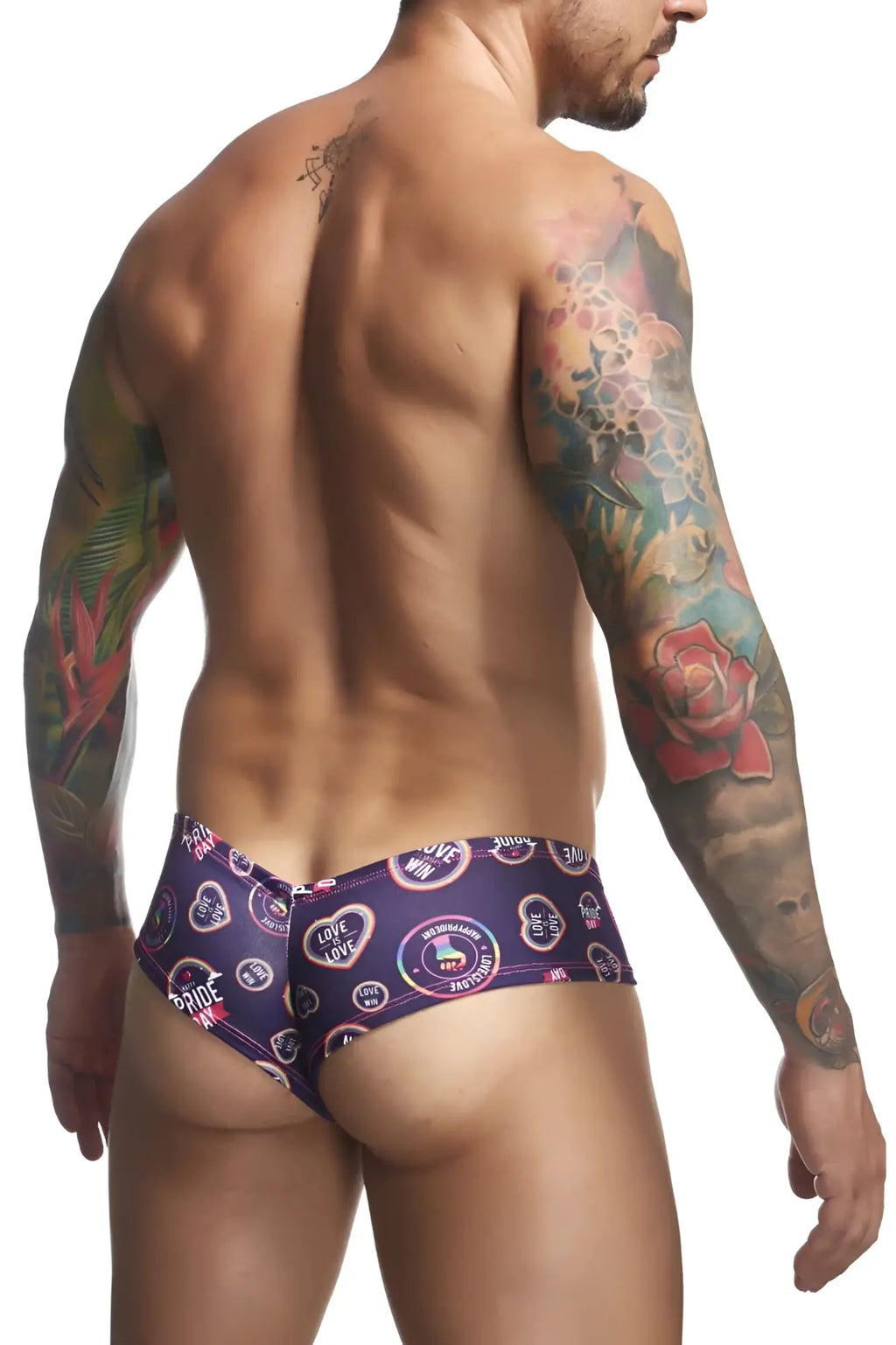 Justin Simon XSJ22 cheek briefs in purple with heart and love patterns featuring a bold colorful pride print