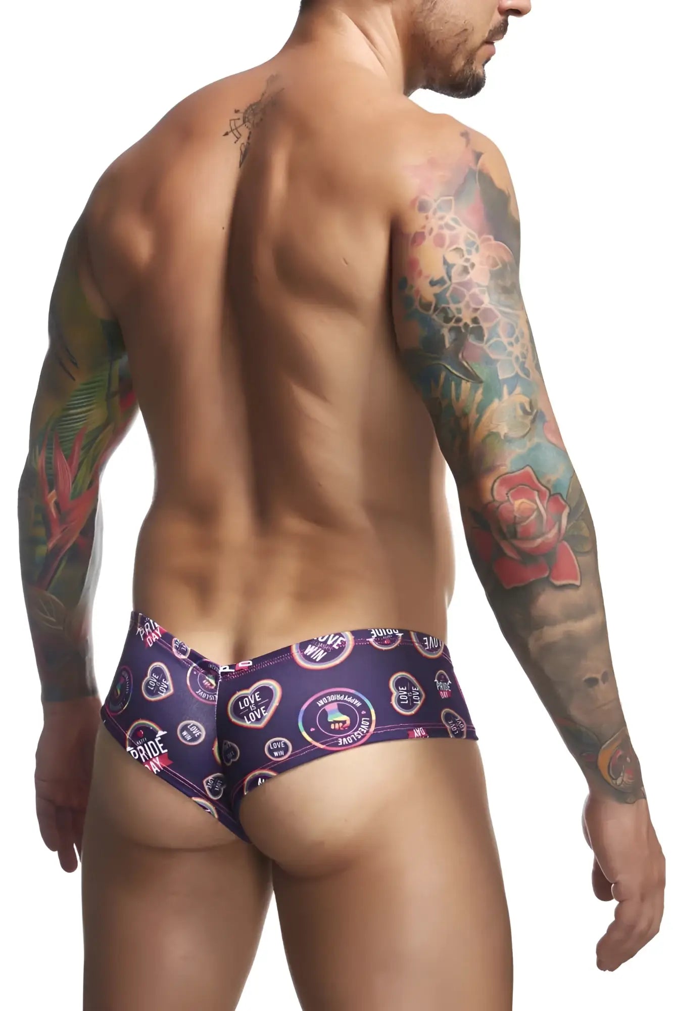Justin Simon XSJ22 cheek briefs in purple with heart and love patterns featuring a bold colorful pride print