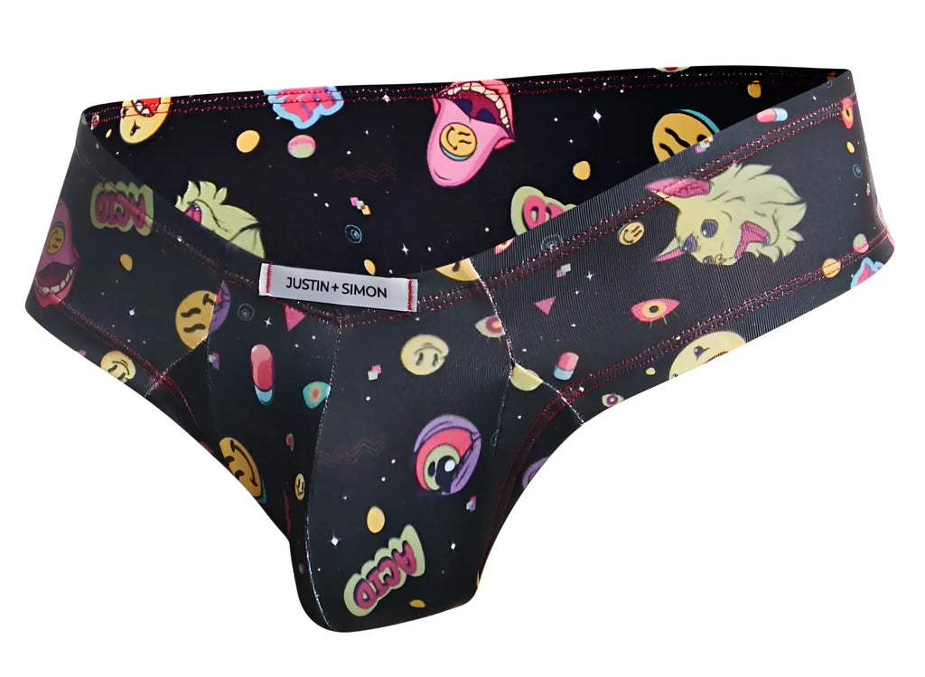 Black justin simon xsj22 cheek briefs with vibrant cosmic print featuring cartoon faces and planets in pink yellow purple and green