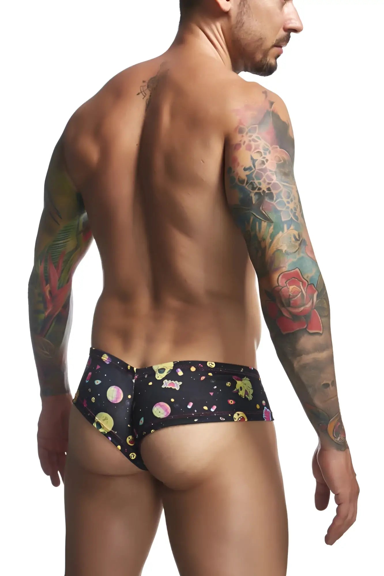 Black swim trunks justin simon xsj22 cheek briefs with vibrant cosmic pattern of colorful planets and stars
