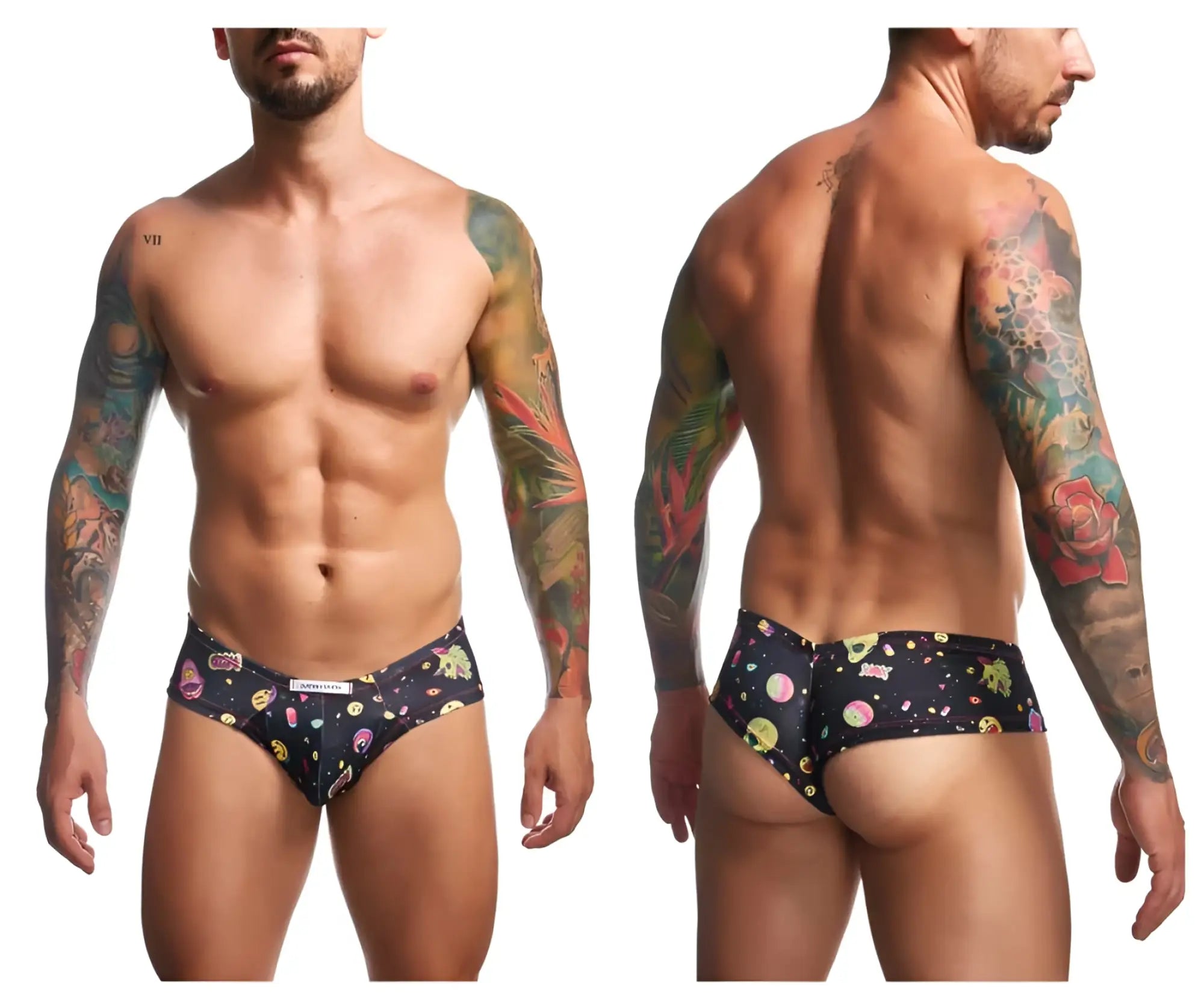 Black justin simon xsj22 cheek briefs with vibrant colorful cosmic pattern featuring planets and stars
